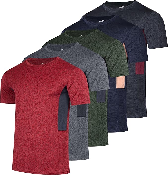5 Pack Men's Dry Fit Short Sleeve T-Shirt Gym Workout Athletic Running Tee | Cooling, Moisture-Wicking, Crew Neck, Quick-Dry, Breathable, Active, Exercise, Fitness, Basketball, Cycling, Hiking, Tennis