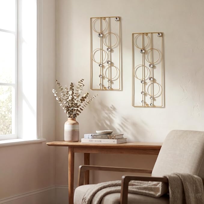 ZEXUIRU 2 Pcs. Abstract Metal Art for Wall Decor Living Room Bedroom Bathroom Office Metal Bling Modern Geometric Hanging Vertical Small Iron Sculpture Plaque Pack -Gold 24in