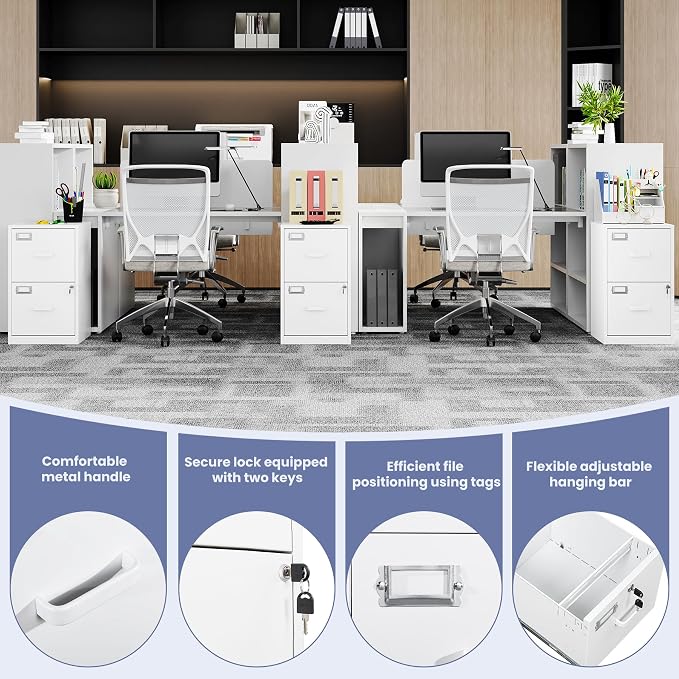 2-Drawer File Cabinet with Lock, Small Filing Cabinet Organizer for Hanging A4/Letter/Legal Size Folder, Under Desk Vertical Filing Cabinets for Home Office, Printer Stand, White