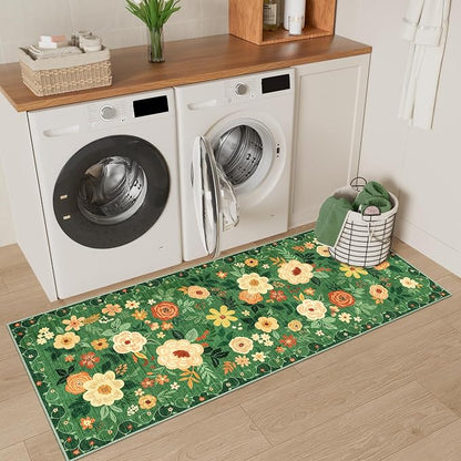 DUKINO 2x5 Runner Rug for Hallway, Washable Kitchen Floral Runner Rug with Non Slip Backing, Low Pile Soft Boho Carpet for Kitchen, Hallway, Entryway, Laundry, Bedroom, Dark Green