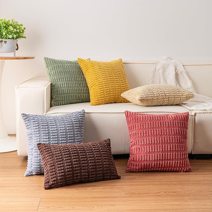 Aegero Pack of 2 Corduroy Decorative Throw Pillow Covers 20x20 InchSoft Boho Striped Pillow Covers Modern Farmhouse Home Decor for Sofa Living Room Couch Bed（Sage Green）