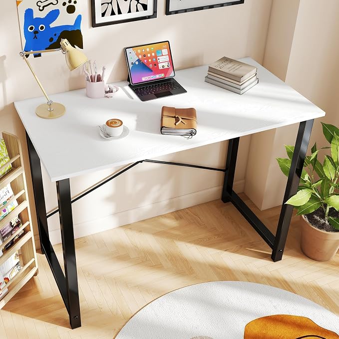 OLIXIS 47 Inch Computer Office Desk for Small Spaces, Writing Gaming Work Desk Modern Study Table with Metal Frame Home Bedroom, White | Computer Writing Workstation, Strong Metal Frame, Small Spaces, Home Bedroom Dorm, White