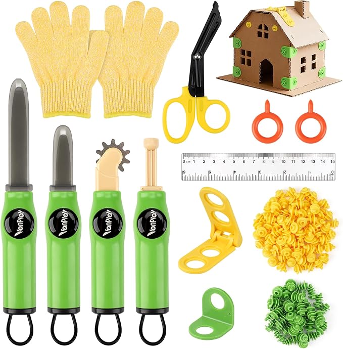 Vanplay Cardboard Cutter for Kids - Cardboard Tools for Kids, Cardboard Cutting Tool Set with Fold-Roller & Gloves, STEM Educational Construction Toys Gift for 5-9 Year Old Boys Girls