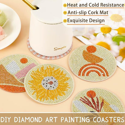 UPINS 8Pcs Boho Diamond Art Painting Coasters for Drinks DIY Coaster Diamond Art Kits for Adults Kids Beginners Diamond Art Craft Supplies (Boho)