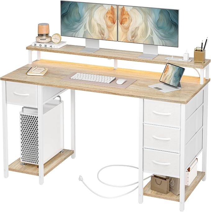 TIQLAB Computer Desk with 4 Drawers, 47 Inch Gaming Desk with LED Lights & Power Outlets, Home Office Desk with Monitor Stand, Study Writing Work Desk for Bedroom, Maple