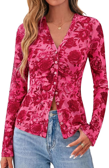 BTFBM Button Down Shirts for Women 2026 Fall Boho Tops V Neck Long Sleeve Blouses Ruched Mesh Fitted Fashion Clothing