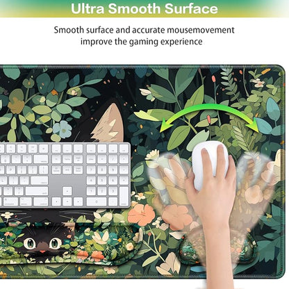 Mouse Pad Anime, Mouse Pad with Wrist Rest, 4-in-1 XXL Large Desk Mat Kawaii Mousepad with Gel Wrist Support Keyboard Wrists Rest Coaster, Ergonomic Gaming Cat Desk Pad, Funny Cute Office Accessories