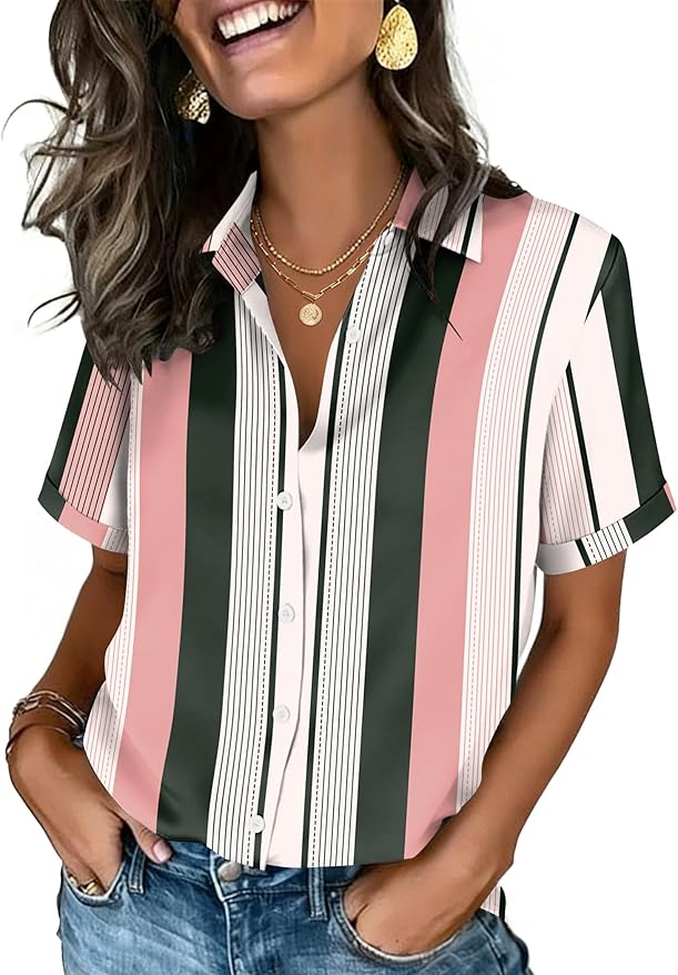 Zeagoo Button Down Shirts for Women Short Sleeve Collared Tops Dressy Casual V Neck Blouses