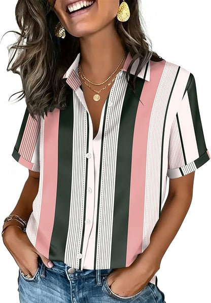 Zeagoo Button Down Shirts for Women Short Sleeve Collared Tops Dressy Casual V Neck Blouses