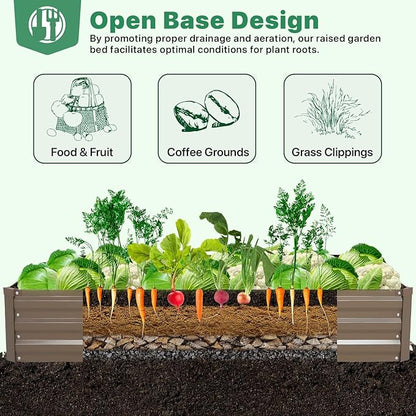 ONCEMORE Galvanized Raised Garden Bed for Vegetables Flowers Herbs, Metal Raised Garden Bed Kit with 2 PCS Tomato Cage, Gloves, Trellis Netting, Plant Labels, Plant Ties, Brown 8×4×1FT