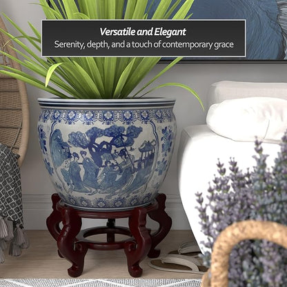 Red Lantern Large 20" Ladies Blue & White Porcelain Fishbowl Planter or Cachepot for Indoor/Outdoor Use in Garden Entryway Living Room Boho Eclectic Modern Contemporary Classic Traditional Style Decor