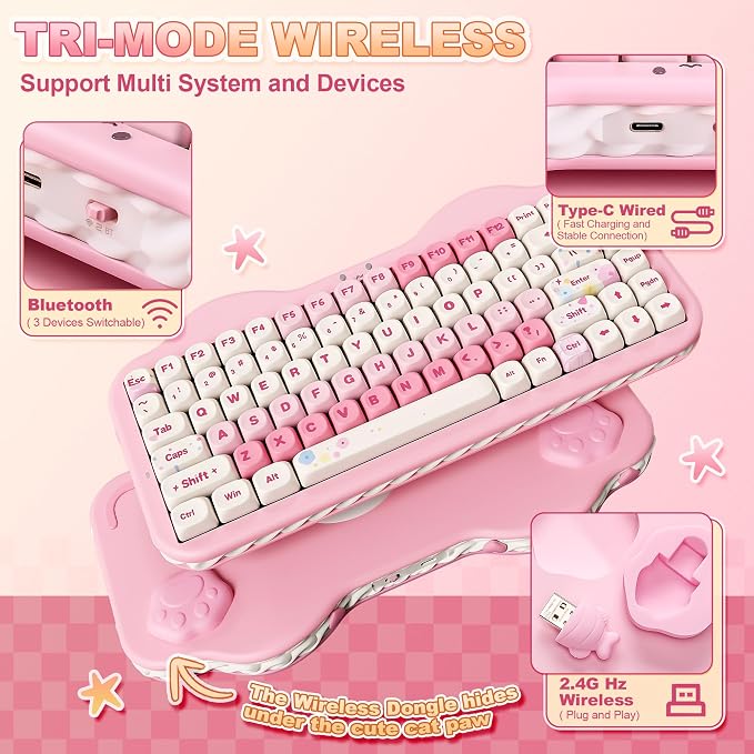 YUNZII C75 Cute 75% Wireless Mechanical Keyboard (Pink, Candy Switch) | Creamy Cake Keyboard, BT5.0/2.4G/USB-C, Hot-Swap, NKRO, PBT MOA Keycaps,5500mAh RGB Gasket Mount for Mac/Win/Gaming/Office