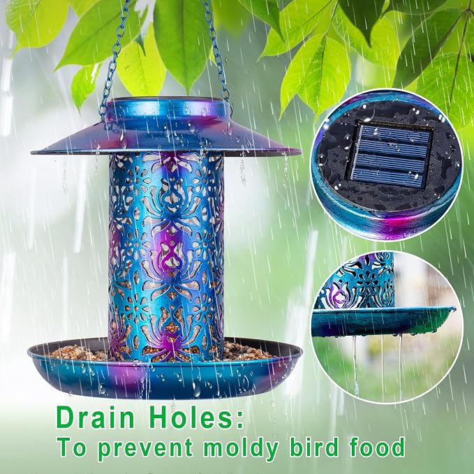 Ottsuls Solar Bird Feeder for Outdoors Hanging, Metal Wild Cardinals Garden Lantern with S Hook, Weatherproof and Water Resistant Birdfeeders as Gift Idea for Women Mom Grandma Bird Lovers (Blue)