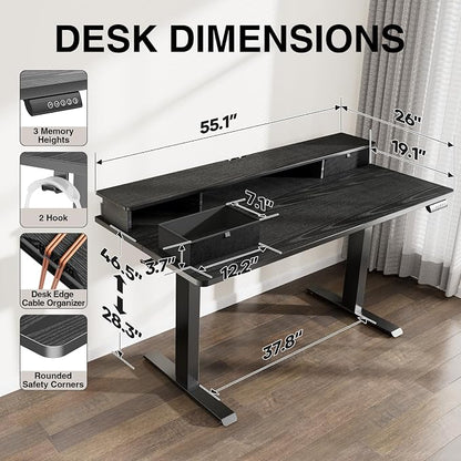 Veken 55x26 in Electric Standing Desk with Drawers, Adjustable Table, Black | Stand up Computer Desk for Home Office, Work & Study, with Storage, 3 Memory Presets, Cable Organizer, Hook, and Quiet Lift.