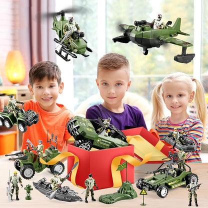 58-in-1 Army Men Toys for Boys 4-7 6-8 8-12, Military Truck/Helicopter/Kayak Boat/Motorcycle/Army Men Action Figures/Weapon Gears, Army Toys for Boys Kids Birthday Gifts Party Favors