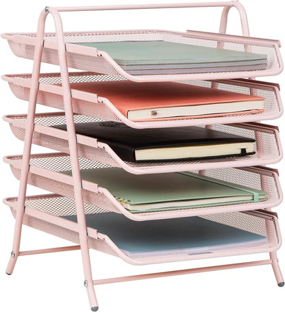 Mind Reader 5-Tier Paper Tray Organizer, Vertical Desktop File Storage Rack, Office, Metal Mesh, Pink