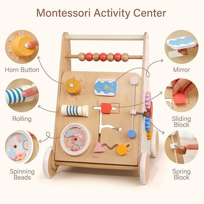 Pillowhale Wooden Baby Walker with Wheels Montessori Activity Push Walker Toy for Toddlers Adjustable Speed & Activity Center for Girls Boys 12M+