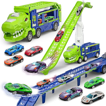 BainGesk Dinosaur Truck Car Toys for 3, 4, 5, 6 Years Old Boys Girls, 3 in 1 Carrier Truck with 2 Foldable Race Tracks, Transport Car with 6 Metal Cars, Birthday Toys Gifts for Toddlers