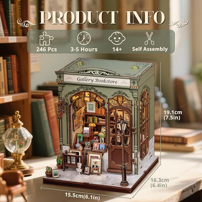 Cutefun Book Nook Kit - DIY Miniature Dollhouse Kit for Adults and Teens, 3D Wooden Puzzle Bookshelf Insert Decor with LED Light, Gifts for Book Lovers and Beginners (Gallery Bookstore)