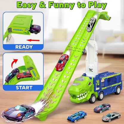 BainGesk Dinosaur Truck Car Toys for 3, 4, 5, 6 Years Old Boys Girls, 3 in 1 Carrier Truck with 2 Foldable Race Tracks, Transport Car with 6 Metal Cars, Birthday Toys Gifts for Toddlers