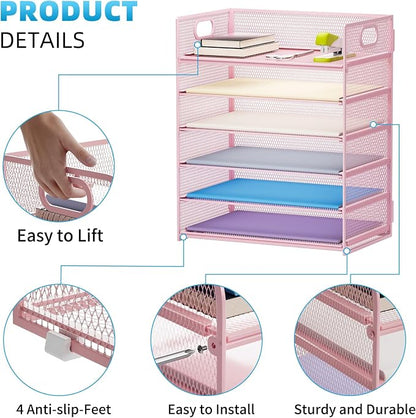 Marbrasse 2 Pack Desk Organizer with Handle, 6 Tier Paper Letter Tray, Mesh Desk File Organizer for Office, School and Home - Pink