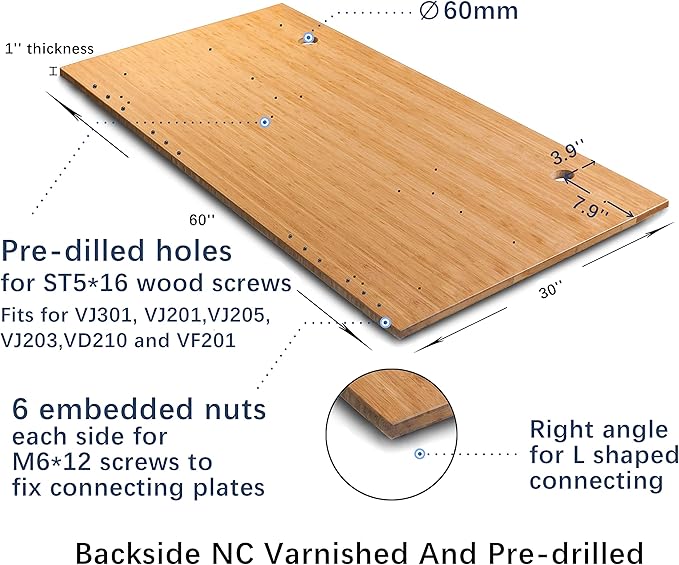 VWINDESK 60 x 30 x 1 Inch 100% Solid Bamboo Desk Table Top Only,for Standing Desk Home Office Desk with 60mm grommets(Right Angle)