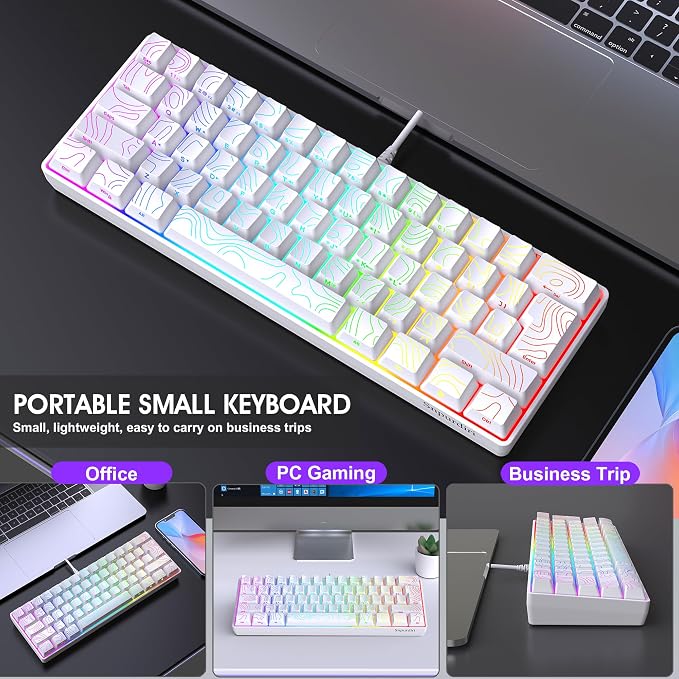 Snpurdiri 60% Wired Gaming Keyboard, 61 Keys RGB Contour Line (White) | Backlit Ultra-Compact Small Gaming Keyboard for PC/Mac Gamer, Typist, Travel, Easy to Carry on Business Trip