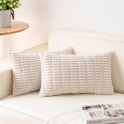 Aegero Pack of 2 Corduroy Decorative Throw Pillow Covers 12x20 InchSoft Boho Striped Pillow Covers Modern Farmhouse Home Decor for Sofa Living Room Couch Bed（Cream White）
