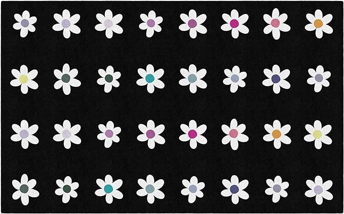 Flagship Carpets Schoolgirl Style Daisies on Black Criss-Cross Applesauce Educational Area Rug for Kids Room, Children's Classroom, Play Carpet for Teaching and Playroom, 7'6" x 12', Seats 32