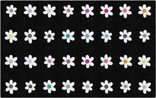 Flagship Carpets Schoolgirl Style Daisies on Black Criss-Cross Applesauce Educational Area Rug for Kids Room, Children's Classroom, Play Carpet for Teaching and Playroom, 7'6" x 12', Seats 32