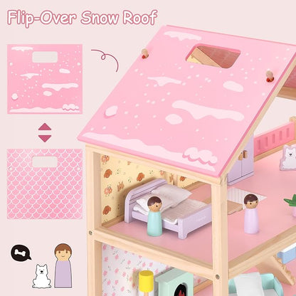 Pillowhale Wooden Dollhouse for Girls 3-Story Open Layout Playhouse with Furniture Accessories Pretend Play Role-Playing Toy Birthday Gift for Kids Ages 3+