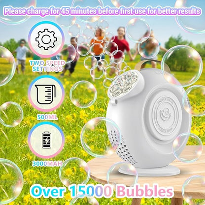 Automatic Bubble Machine for Kids & Toddlers, Rechargeable 15000+ Bubbles Per Minute with 90°/360° Rotation & LED Light - Bubble Blower for Birthday Wedding Outdoor Party Gifts
