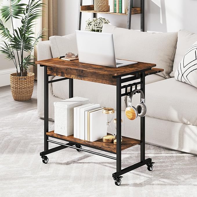 Tangkula Rolling Computer Desk Cart with Keyboard Tray, Mobile Portable Laptop PC Desk with CPU Stand & 3 Hooks for Sofa & Bed, Industrial Small Desk on Wheels for Small Spaces, Home Office Desk