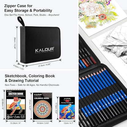 KALOUR PDAS 127 Drawing Set Sketching Kit, Pro Art Supplies with 3-Color Sketchbook & Coloring Book, Neon, Colored, Watercolor, Metallic, Graphite, Charcoal Pencils, Gift for Artists Adults Teens