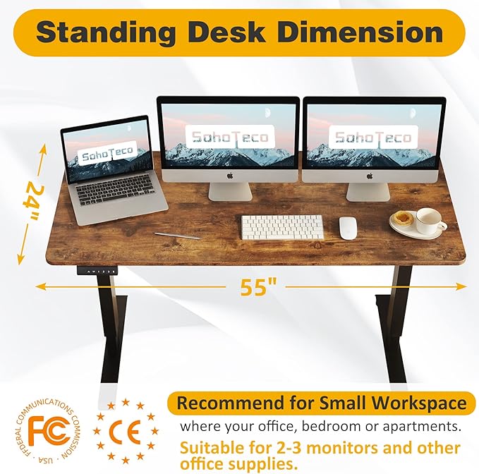 Motorized Stand Up Desk Adjustable Height, 55x24 Office Desk Memory Preset with Cable Management Tray and Side Hooks, Black Frame & Brown Desktop