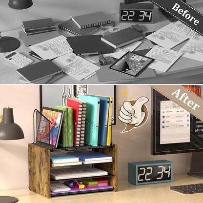 4-Tier Desk Organizer, Desk File Organizer with 5 Vertical File Holders, Office Desktop Organizer with 3 Level Paper Organizer Letter Tray, Wooden Desk Organizers and Accessories for Home Office
