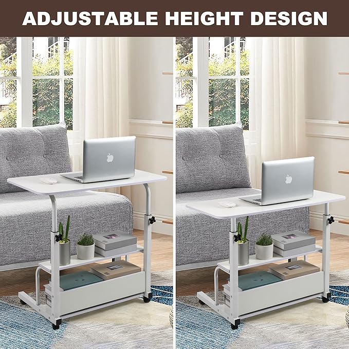 Height Adjustable Home Office Desk Movable Convenient Desk Small Spaces Computer Table Bedside Storage Desk Portable Desk Living Room Sofa Furniture Fashion Desk Size 15.7 * 31.5 Inch Pure White