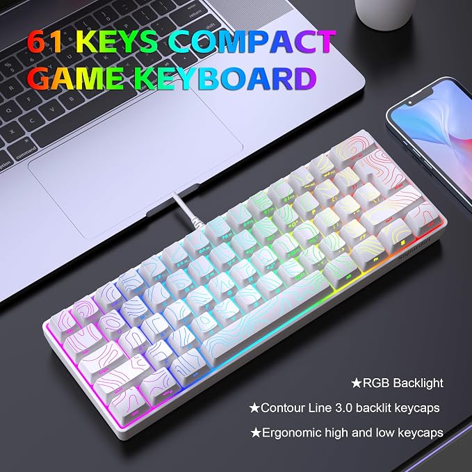 Snpurdiri 60% Wired Gaming Keyboard, 61 Keys RGB Contour Line (White) | Backlit Ultra-Compact Small Gaming Keyboard for PC/Mac Gamer, Typist, Travel, Easy to Carry on Business Trip