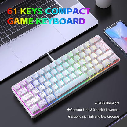 Snpurdiri 60% Wired Gaming Keyboard, 61 Keys RGB Contour Line (White) | Backlit Ultra-Compact Small Gaming Keyboard for PC/Mac Gamer, Typist, Travel, Easy to Carry on Business Trip