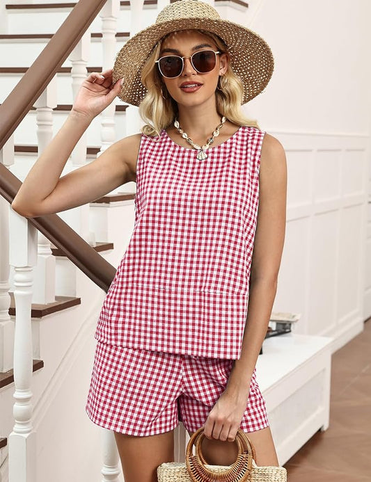 LOMON Women's Trendy 2 Piece Outfits Shorts Sets Summer Crew Neck Sleeveless Tank Top and Bottom Matching with Pockets 2026