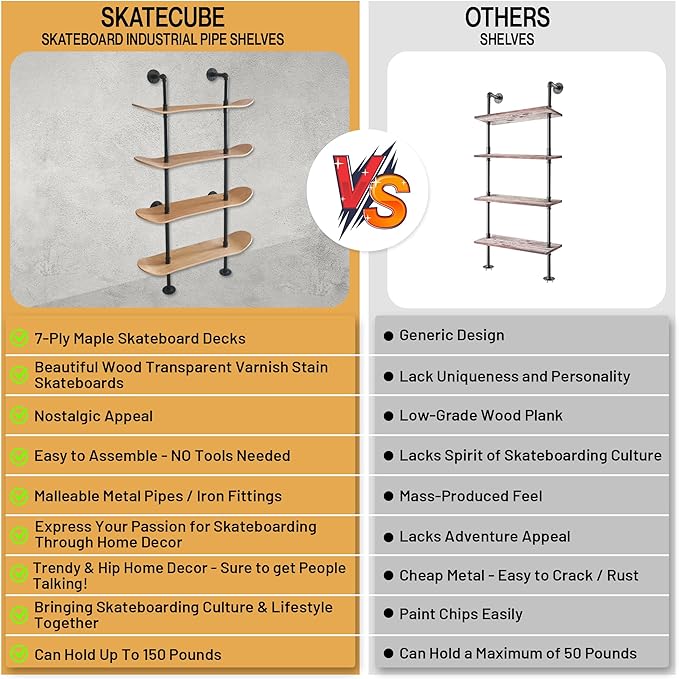 Industrial Shelves - 4 Tier Industrial Decor Pipe Bookcase Using 7 Ply Skateboard Decks - Natural Wood Stain Finish - Perfect Bathroom Wall Decor, Book Shelf for Skateboard Enthusiasts