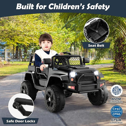 Costzon Ride on Car, 12V Battery Powered Truck Vehicle with Remote Control, Spring Suspension, Headlights, Music, Horn, MP3, USB & Aux Port, Gift for Boys Girls, Electric Car for Kids (Black)