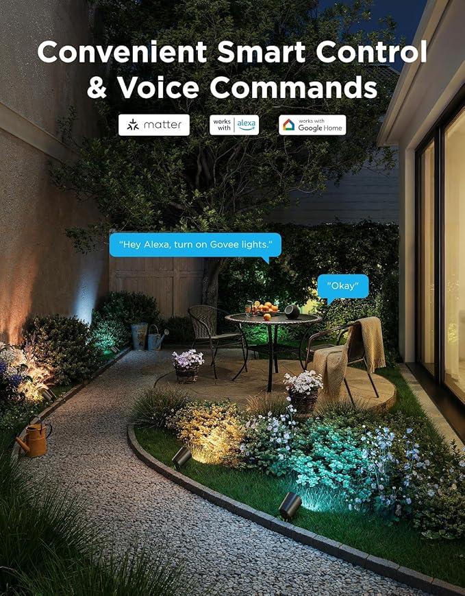 Govee Outdoor Spotlights Lite 4 Pack, IP67 Waterproof Spotlights, APP, WiFi | Landscape Lighting Work with Alexa, Matter and Google Assistant, RGBWIC Color Changing Light for Garden, Yard, Patio