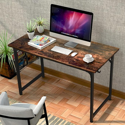 ASTARTH Study Computer Desk-47 Inch Home Office Desk, Wood Storage Table, Modern Writing Style Laptop Table, Black Metal Frame, PC Table with Storage Basket and Headphone Hooks, Rustic Brown