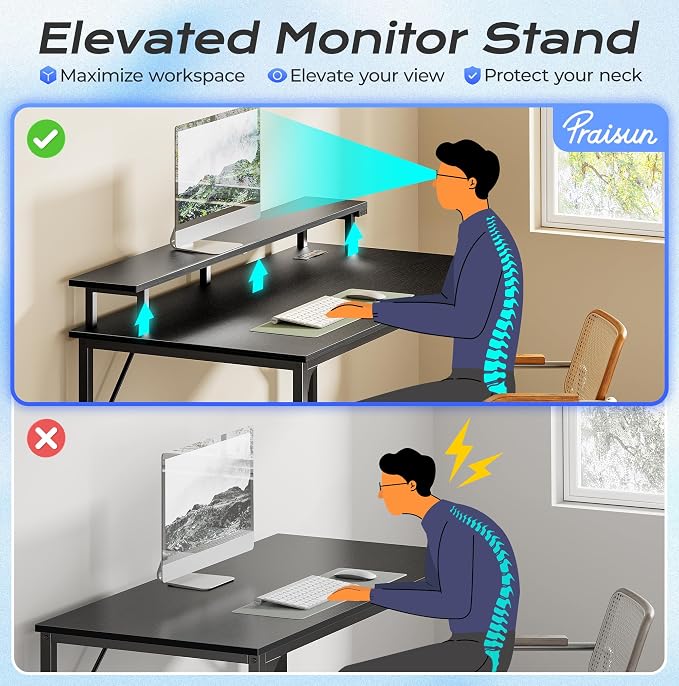 PRAISUN 40 inch Gaming Desk, LED & Power Outlets, Monitor Stand, Black | Sturdy PC Desk for Home Office, Study & Work, LED Lights, 4 AC Outlets & USB-C Charging Station