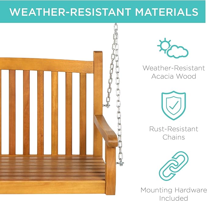 Best Choice Products 48in Wood Porch Swing Outdoor Patio Hanging Bench Chair Furniture for Deck, Garden, Yard w/Mounting Chains, Curved Back Design, 500lb Weight Capacity - Brown