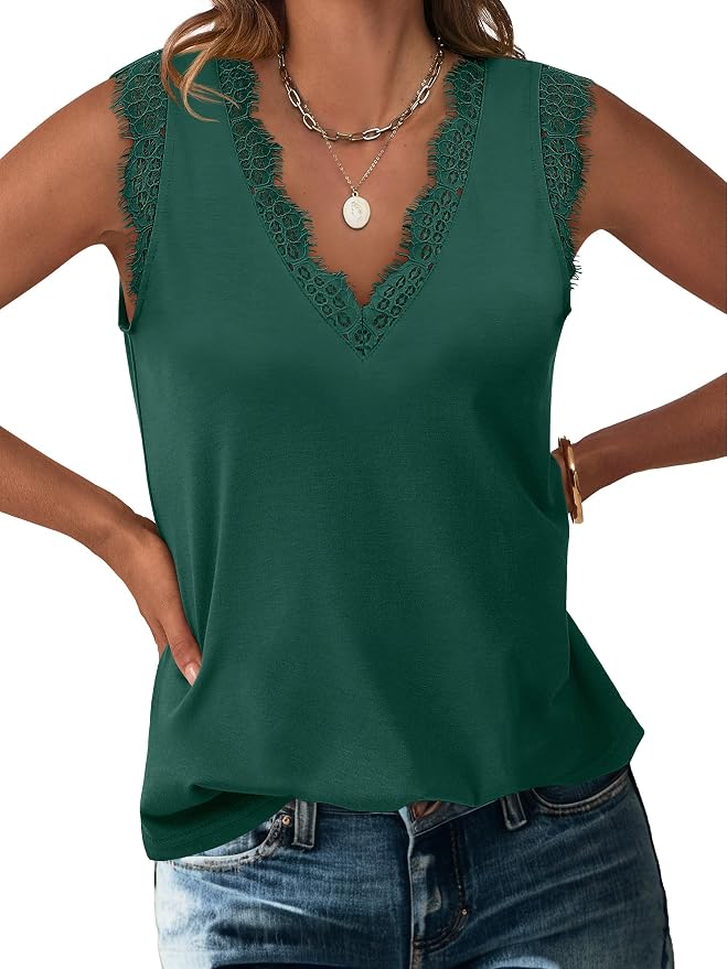 ANRABESS Womens Lace Trim Tank Tops V Neck Sleeveless Shirts 2026 Summer Casual Trendy Dressy Cami Top