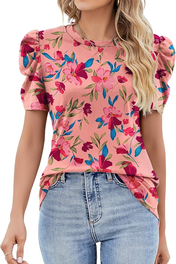 Ivicoer Puff Short Sleeve Shirt for Women Eyelet Tops Summer Crewneck Blouse Loose Fit S-XXL