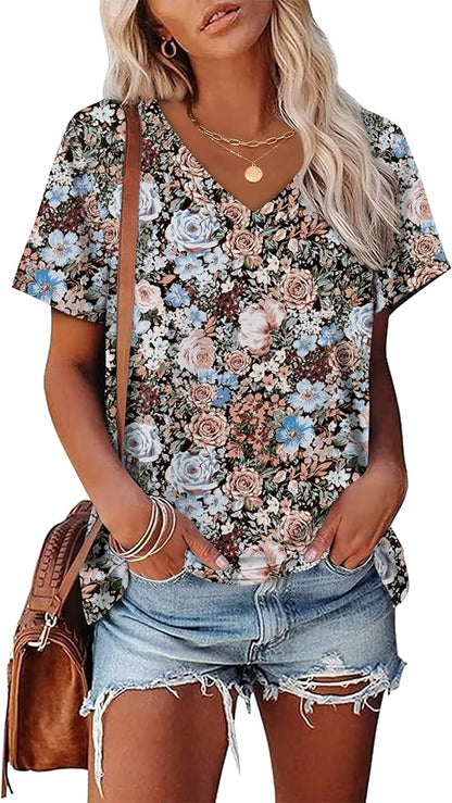 Alaroo Womens Summer Tops 2026 V Neck Short Sleeve Shirts Trendy Dressy Casual Vacation Outfits Printed