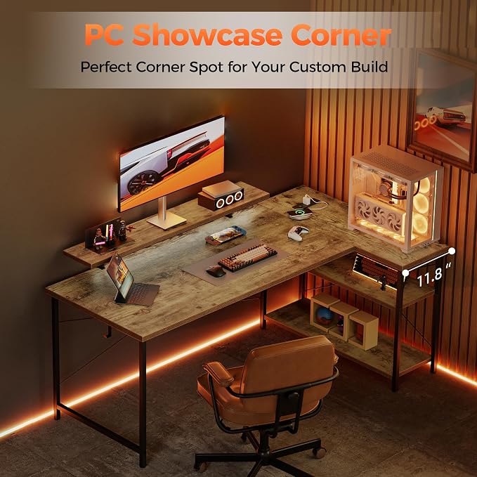 Mericonia 55 in L Shaped Gaming Desk, Large Corner Desk with Monitor Stand | Reversible Computer Desk with Power Outlets, LED Light & Storage Shelves, Office Table for Home Bedroom Study Work Writing